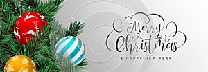 Christmas web banner of color baubles on pine tree photo
