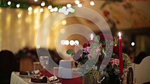 Christmas wedding banquet hall interior details compilation with decorand table setting at restaurant. Winter season