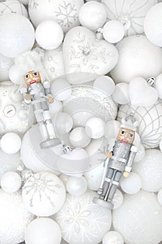 Christmas White Bauble Decorations and Nutcracker Background