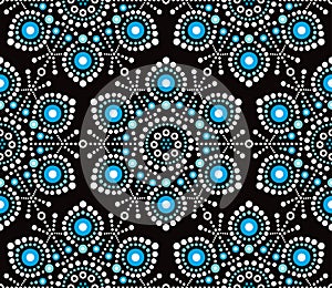 Christmas white and blue snowflake vector seamless pattern, dot art vector design, Australian folk art, Aboriginal style