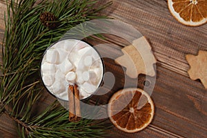 christmas white drink eggnog with marshmallow and cinnamon sticks on wooden brown background with spruce branches and