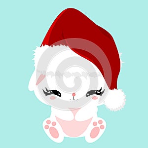 Christmas white fluffy cute bunny. Childrens character. New Year poster. Pet in a Santa Claus hat.