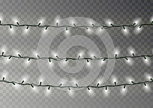 Christmas white lights string. Transparent effect decoration isolated on dark background. Realistic