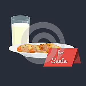 Christmas white milk in a glass with chocolate cookies on a plate and sign for Santa Claus, treats icon in the New Year
