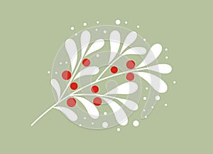 Christmas white mistletoe branch with red berries