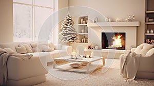 Christmas, white modern living room with fireplace and snowy forest outside the window. Modern interior design