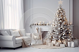 Christmas, white modern living room. Modern interior design