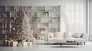 Christmas, white modern living room. Modern interior design