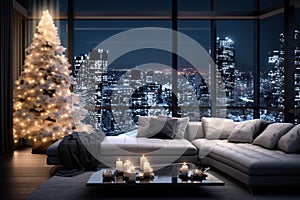 Christmas, white modern living room, night city outside the window. Modern interior design