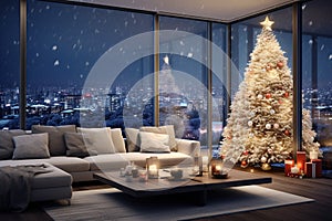 Christmas, white modern living room, night city outside the window. Modern interior design