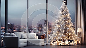 Christmas, white modern living room, night city outside the window. Modern interior design