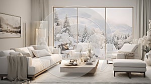 Christmas, white modern living room with a snowy forest outside the window. Modern interior design