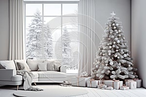 Christmas, white modern living room with a snowy forest outside the window. Modern interior design