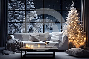 Christmas, white modern living room with a snowy forest outside the window. Modern interior design