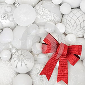Christmas White Ornaments and Red Bow Background