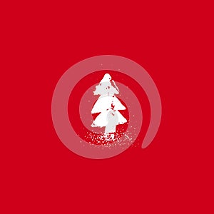 Christmas white painted fir tree with snow on red background. Spruce sign isolated on white background