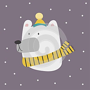 Christmas white polar bear head. Illustration of cute cartoon bear in warm yellow hat and scarf for greeting cards