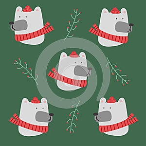 Christmas white polar bear head pattern on a green background. Illustration of cute cartoon bear in warm red hat and