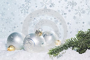 Christmas white scene with ornaments on snow