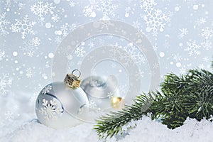 Christmas white scene with ornaments on snow