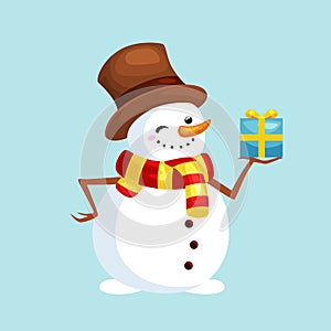 Christmas white snowman in hat and scarf with winter xmas present for celebration new year vector illustration