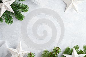 Christmas white wooden background top view. Template for New Year space for text. Mockup for advertising, congratulations. Holiday