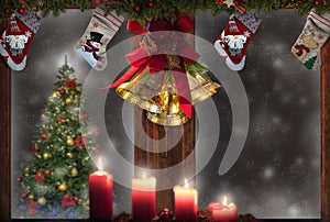 Christmas window,candles,gold bells,stockings,tree decorations,snow background for greeting card