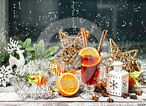 Christmas window decoration Mulled wine fruits spices