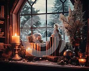 Christmas window interior in a private house, retro style.