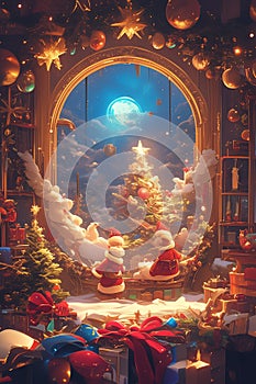 Christmas window with Santa Claus and Christmas tree. 3d illustration.