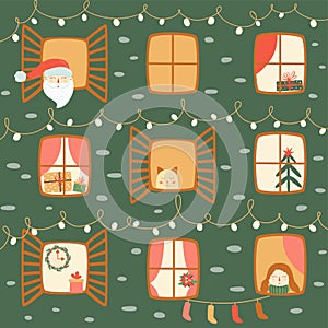 Christmas windows vector Cute winter windows in house decorated for Christmas or New Year. Winter city