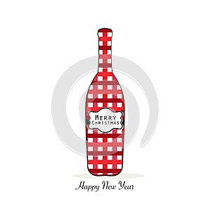 Christmas wine bottle with red plaid pattern. Happy new year greeting card vector