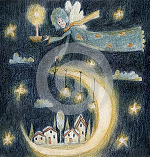 Christmas and winter angel with candle, moon and village.