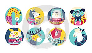 Christmas winter animal characters in simple hand drawn scandinavian style. A colorful childish cartoon in a colorful