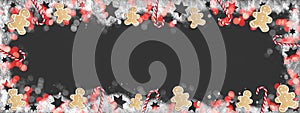 Christmas / winter background banner panorama template - Frame made of snow with snowflakes, candy canes, gingerbread men, stars