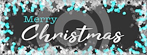 Christmas / winter background banner panorama template - Frame made of snow with snowflakes, stars and turquoise bokeh lights on