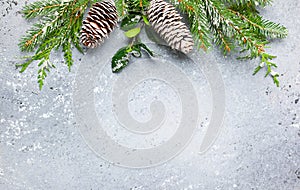 Christmas or winter background with a border of green and frosted evergreen branches and pine cones on a grey vintage board. Flat