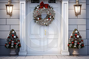 Christmas winter background festive celebration home holidays garland entrance door wreath decorations green house