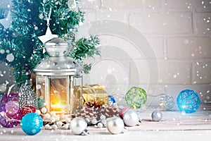 Christmas winter background. New Year`s toys. Happy New Year and Merry Christmas.