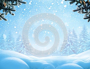 Christmas winter background with snow and fir tree branch