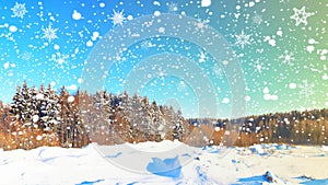 Christmas winter background. Snowflakes over snowy forest. Xmas scene of winter nature. Snowfall in forest