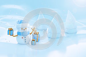 Christmas winter background with snowman and snowflakes