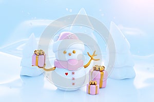 Christmas winter background with snowman and snowflakes