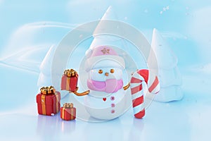 Christmas winter background with snowman and snowflakes