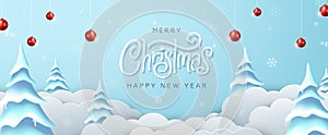 Winter christmas banner composition in paper cut style. Merry Christmas text Calligraphic Lettering