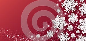 Christmas and winter banner design of snowflake and snow with lights on red background