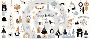Christmas winter big collection of elements isolated, cute animals  seasonal design