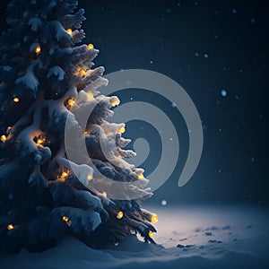 Christmas winter blurred background. Xmas tree with snow decorated with garland lights