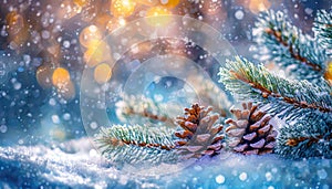 Christmas winter blurred background. Xmas tree with snow decorated with garland lights, holiday festive background. Widescreen