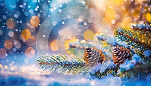 Christmas winter blurred background. Xmas tree with snow decorated with garland lights, holiday festive background. Widescreen